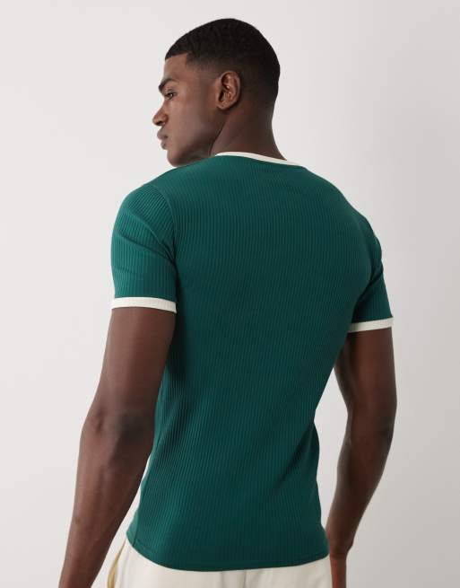 ASOS DESIGN zware muscle-fit ringer T-shirt in groen rib, 4 van 5