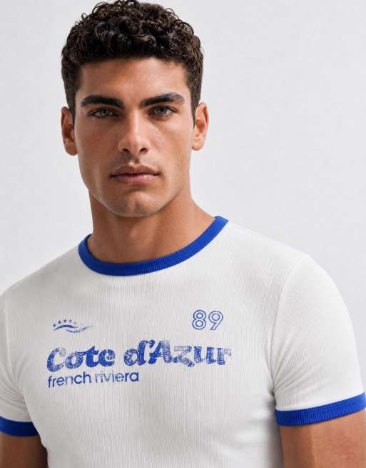 ASOS DESIGN zware muscle fit ringer T-shirt met sportprint in wit rib, 10 van 10