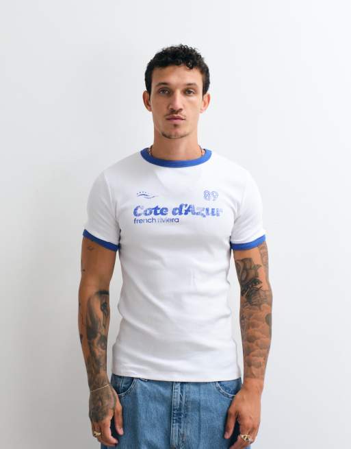 ASOS DESIGN zware muscle fit ringer T-shirt met sportprint in wit rib, 2 van 10