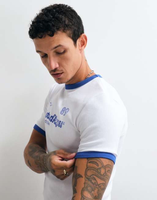 ASOS DESIGN zware muscle fit ringer T-shirt met sportprint in wit rib, 4 van 10