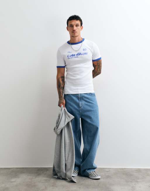 ASOS DESIGN zware muscle fit ringer T-shirt met sportprint in wit rib, 5 van 10