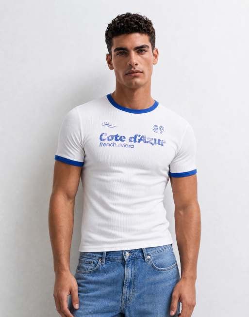 ASOS DESIGN zware muscle fit ringer T-shirt met sportprint in wit rib, 6 van 10