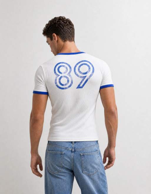 ASOS DESIGN zware muscle fit ringer T-shirt met sportprint in wit rib, 7 van 10