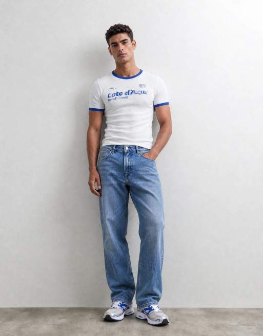 ASOS DESIGN zware muscle fit ringer T-shirt met sportprint in wit rib, 8 van 10
