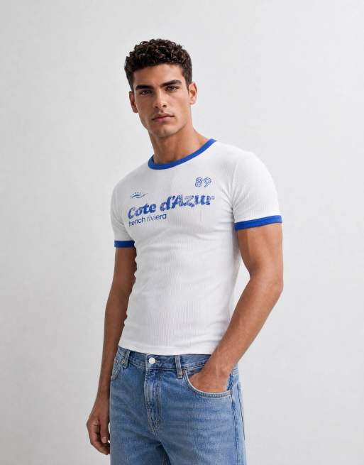 ASOS DESIGN zware muscle fit ringer T-shirt met sportprint in wit rib, 9 van 10