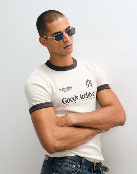 ASOS DESIGN zware muscle ringer T-shirt met voetbalprint in oatmeal rib - view 1