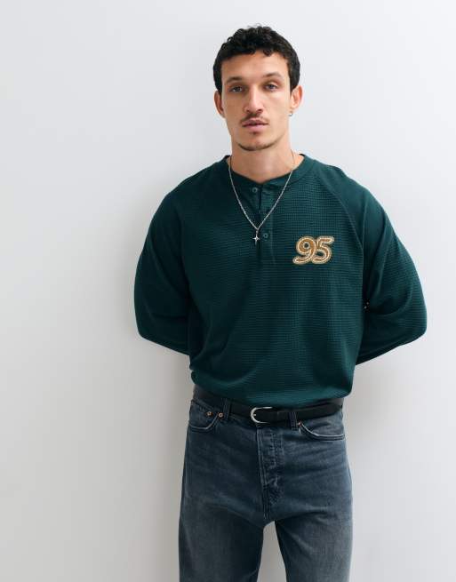 ASOS DESIGN zware oversized henley met 95 borduursel in donkergroen, 3 van 5