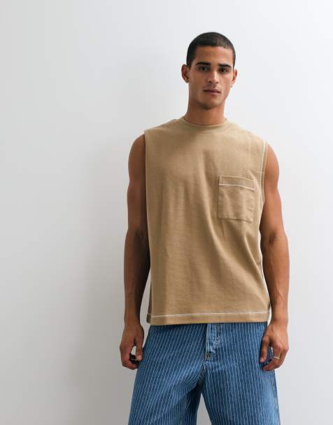ASOS DESIGN zware oversized tanktop met contrasterende stiksels en zak in middenbruin met textuur - view 1
