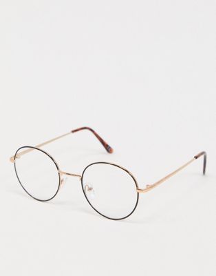 Deens emotioneel Occlusie ASOS DESIGN - Zwarte ronde bril met doorzichtige glazen en gouden neusbrug  | ASOS