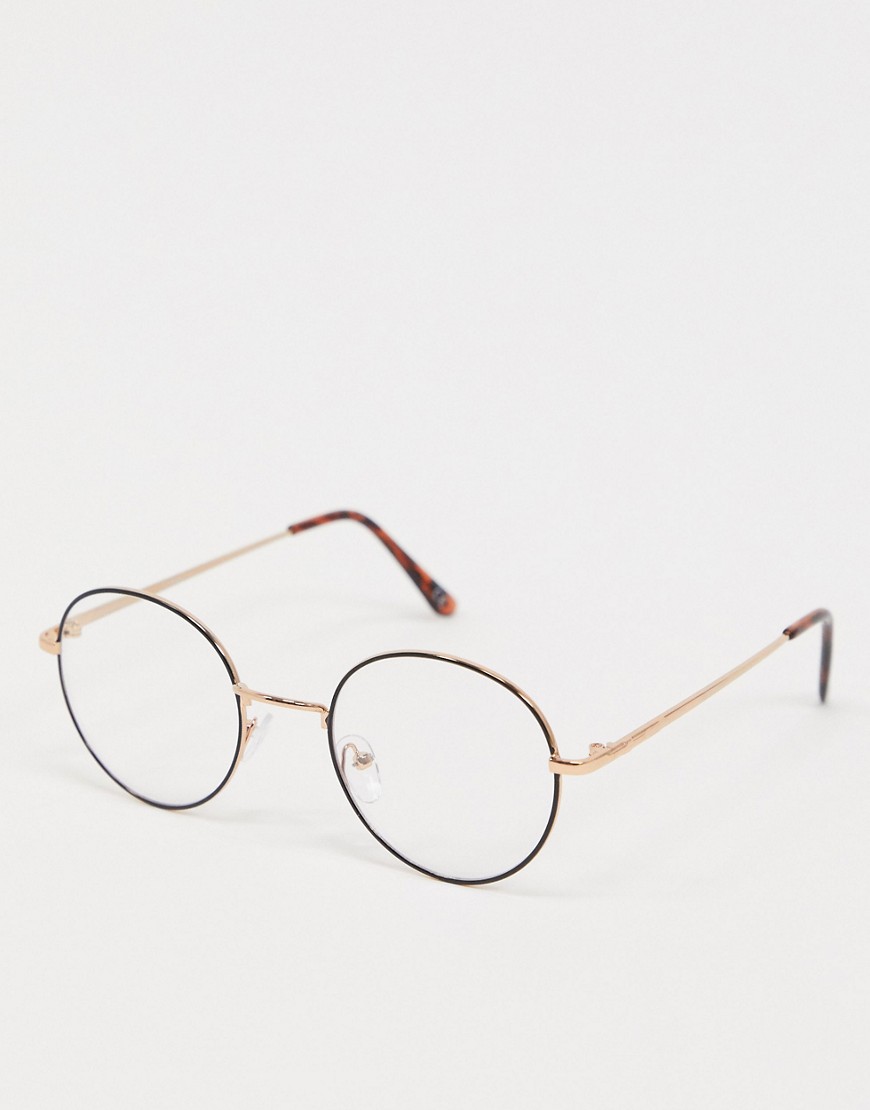 ASOS DESIGN - Zwarte ronde bril met doorzichtige glazen en gouden neusbrug