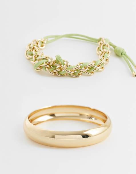 ASOS DESIGN – Zweierpack mit goldfarbenem Armband mit Kordel-Detail und Armreif - view 1