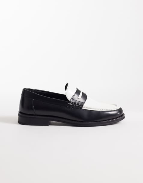 ASOS DESIGN – Zweifarbige Penny-Loafer aus Leder in Schwarz und Wollweiß - view 1