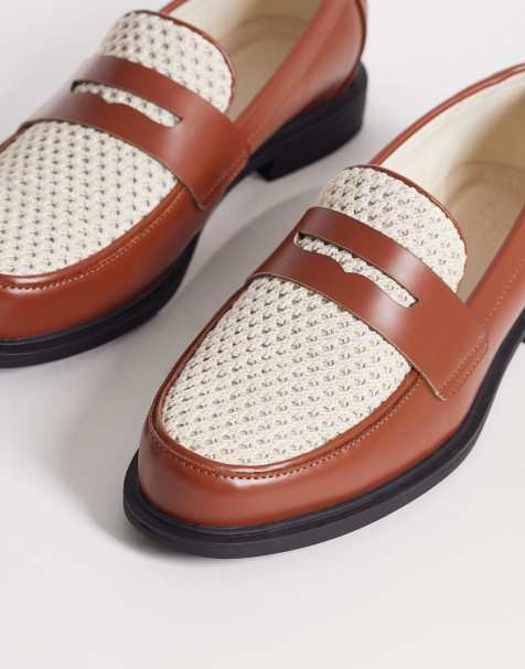 ASOS DESIGN – Zweifarbige Penny-Loafer mit Bast-Detail in Braun und Creme - view 1