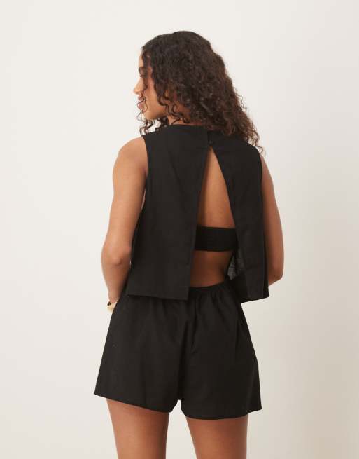 ASOS DESIGN – Zweilagiger Playsuit in Schwarz mit Rückenausschnitt, 2 von 4
