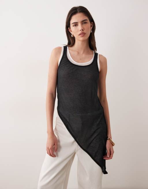 ASOS DESIGN – Zweilagiges, asymmetrisches Longline-Tanktop in schwarzer und ecrufarbener Strickoptik, 2 von 4