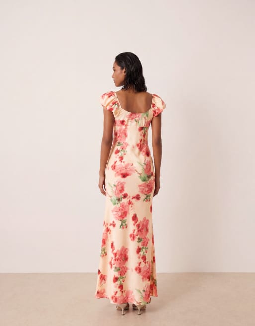 ASOS DESIGN – Zweilagiges Etuikleid in Orange geblümt mit Rüschenärmeln, 2 von 4