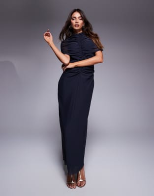ASOS DESIGN - Zweilagiges, hochgeschlossenes Maxikleid aus Mesh in Marineblau mit transparentem Einsatz
