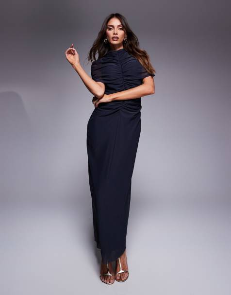 ASOS DESIGN – Zweilagiges, hochgeschlossenes Maxikleid aus Mesh in Marineblau mit transparentem Einsatz - view 1