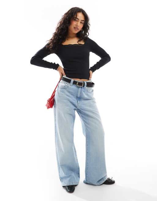 ASOS DESIGN – Zweilagiges, langärmliges Oberteil in Schwarz mit Spitze und Schleifendetail, 2 von 4