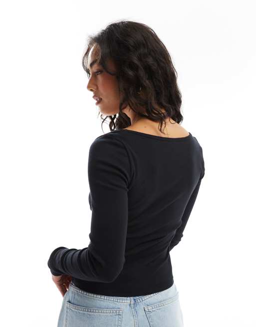 ASOS DESIGN – Zweilagiges, langärmliges Oberteil in Schwarz mit Spitze und Schleifendetail, 3 von 4