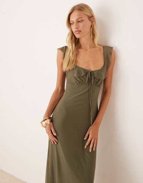 ASOS DESIGN – Zweilagiges Midi-Freizeitkleid aus Netzstoff in Khaki mit Rüschen - view 1