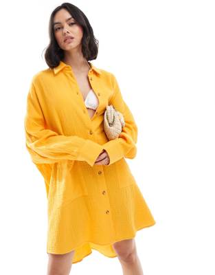 ASOS DESIGN - Zweilagiges Oversize-Hemdblusenkleid in Mandarinenorange mit tiefsitzenden Taschen