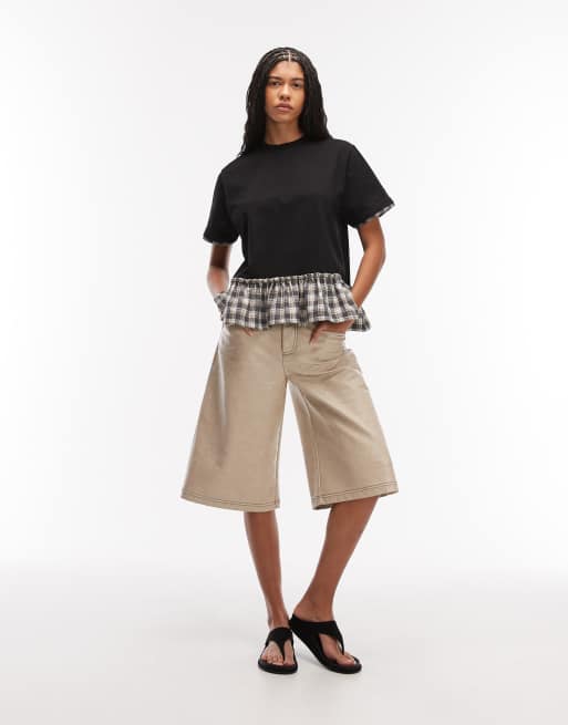 ASOS DESIGN – Zweilagiges Schößchenoberteil in Schwarz mit farblich abgesetztem Vichy-Karo am Saum, 3 von 4