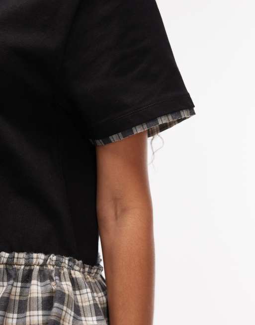 ASOS DESIGN – Zweilagiges Schößchenoberteil in Schwarz mit farblich abgesetztem Vichy-Karo am Saum, 4 von 4