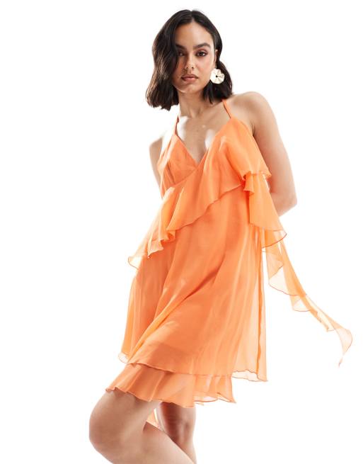 ASOS DESIGN – Zweilagiges Sommerkleid in Koralle mit Rankenrüschen