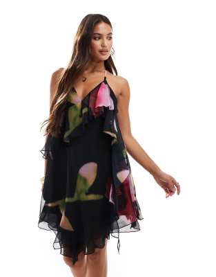 ASOS DESIGN - Zweilagiges Sommerkleid mit Blumenprint und Rankenrüschen-Bunt