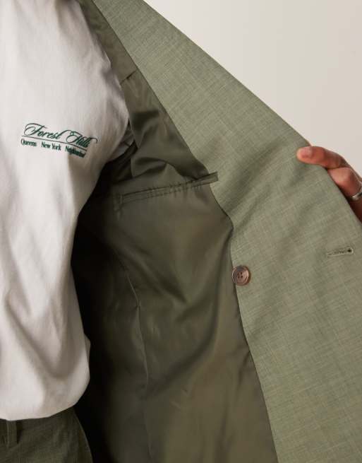 ASOS DESIGN – Zweireihige Anzugjacke in Grün meliert mit regulärer Passform und Absteppung, 2 von 5
