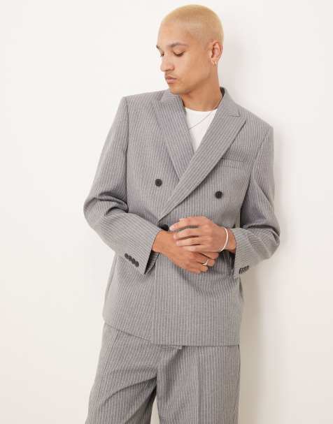 ASOS DESIGN – Zweireihige Anzugjacke mit schmalem Schnitt in Grau mit Nadelstreifen - view 1