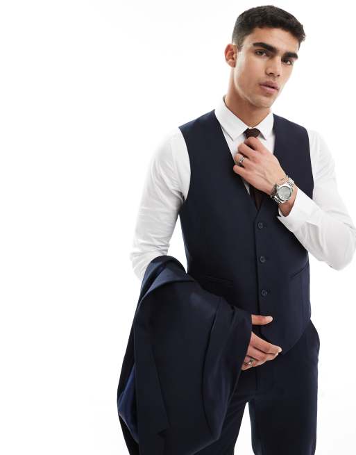 ASOS DESIGN – Zweireihige Anzugweste in Marineblau mit engem Schnitt