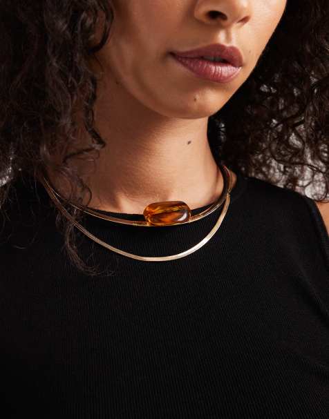 ASOS DESIGN – Zweireihige Halskette in Goldoptik mit Kunstharz-Stein - view 1