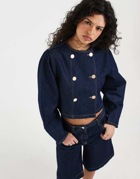 ASOS DESIGN – Zweireihige Jeansjacke in Indigoblau mit Kokonärmeln - view 1