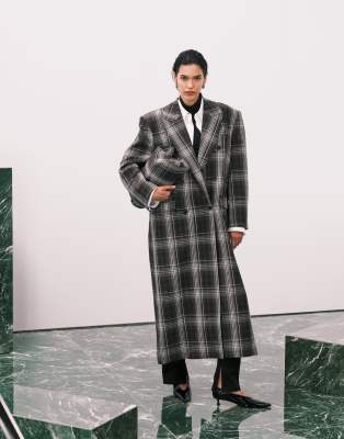 ASOS DESIGN - Zweireihige, karierte Longline-Jacke in Braun und Grau-Bunt