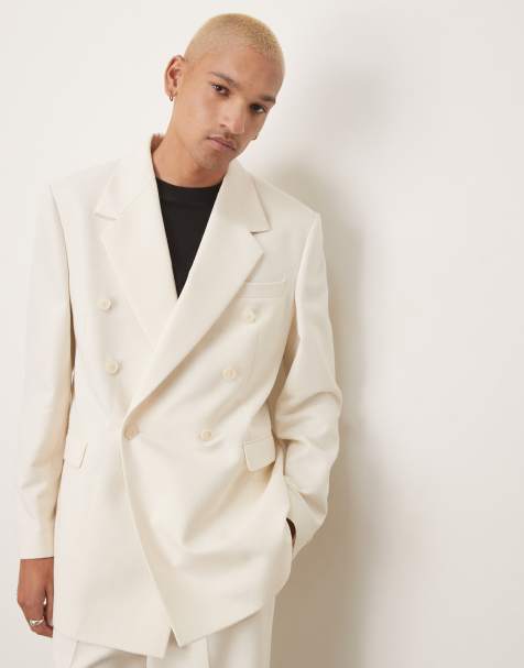 ASOS DESIGN – Zweireihige, lässig geschnittene Longline-Anzugjacke in Creme mit Struktur - view 1