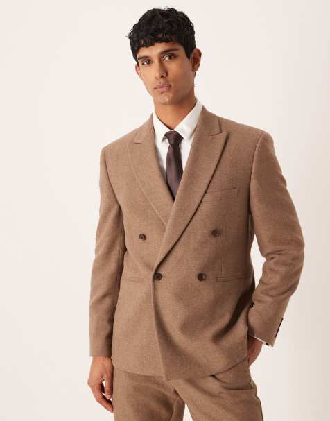ASOS DESIGN – Zweireihige Regular-Fit-Anzugjacke in Braun mit Wollanteil - view 1