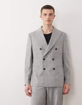 Zweireihige Regular-Fit-Anzugjacke in Grau mit Glencheck-Karomuster Grau 46 Regular