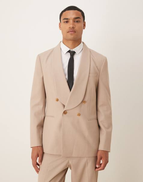 ASOS DESIGN – Zweireihige Regular Fit Flanell-Anzugjacke in Beige - view 1