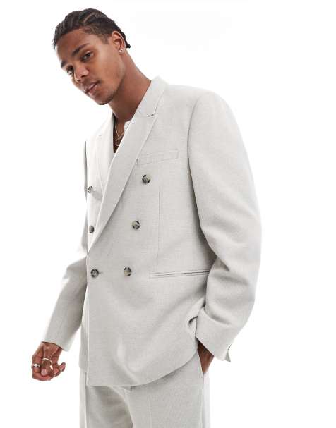 ASOS DESIGN – Zweireihige, regulär geschnittene Anzugjacke aus Wollmix mit Struktur in Grau - view 1