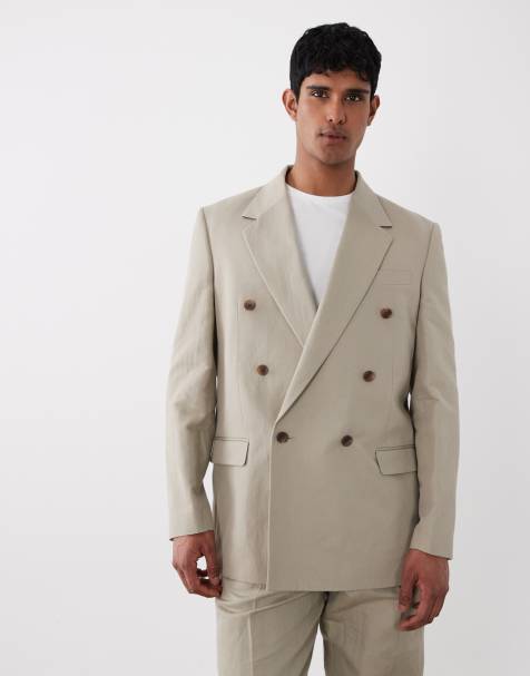 ASOS DESIGN – Zweireihige Relaxed-Fit-Anzugjacke in Hellbraun mit hohem Leinenanteil - view 1