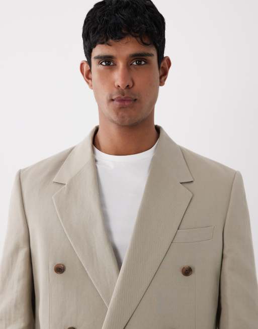 ASOS DESIGN – Zweireihige Relaxed-Fit-Anzugjacke in Hellbraun mit hohem Leinenanteil, 3 von 5