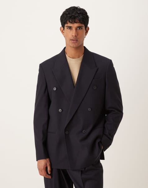 ASOS DESIGN – Zweireihige Relaxed Fit Jacke in Marineblau mit dezenten, gewebten Streifen - view 1
