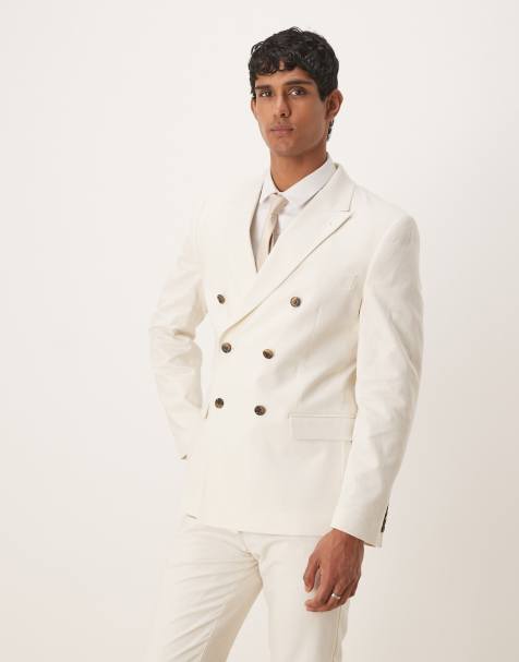 ASOS DESIGN – Zweireihige, schmal geschnittene Anzugjacke aus Leinenmix in Ecru-Creme - view 1