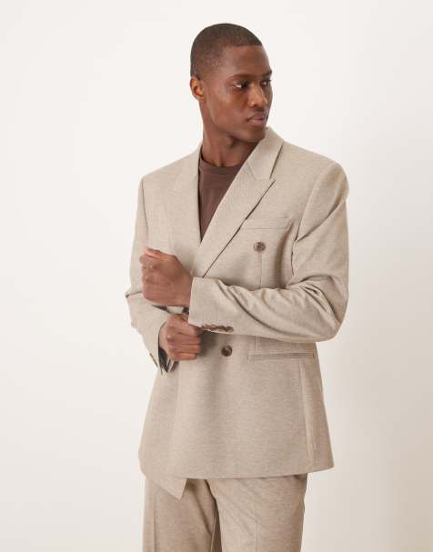 ASOS DESIGN – Zweireihige Twill-Anzugjacke in Beige mit normalem Schnitt - view 1