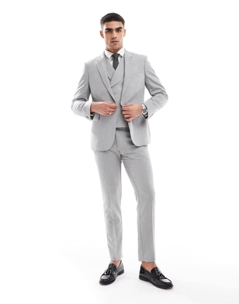 ASOS DESIGN – Zweireihiger Anzug in Grau mit Wollanteil und engem Schnitt - view 1