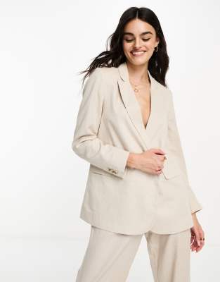 ASOS DESIGN - Zweireihiger Anzugblazer in Natur mit tiefem Ausschnitt-Neutral