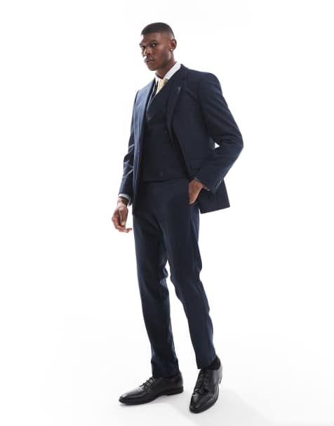 ASOS DESIGN – Zweireihiger, eng geschnittener Anzug in Blau mit Wollanteil und Gerstenkornmuster - view 1