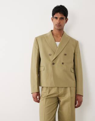 Zweireihiger, kastiger Anzugblazer in Khaki mit hohem Leinenanteil-Grün Grün 58 Regular